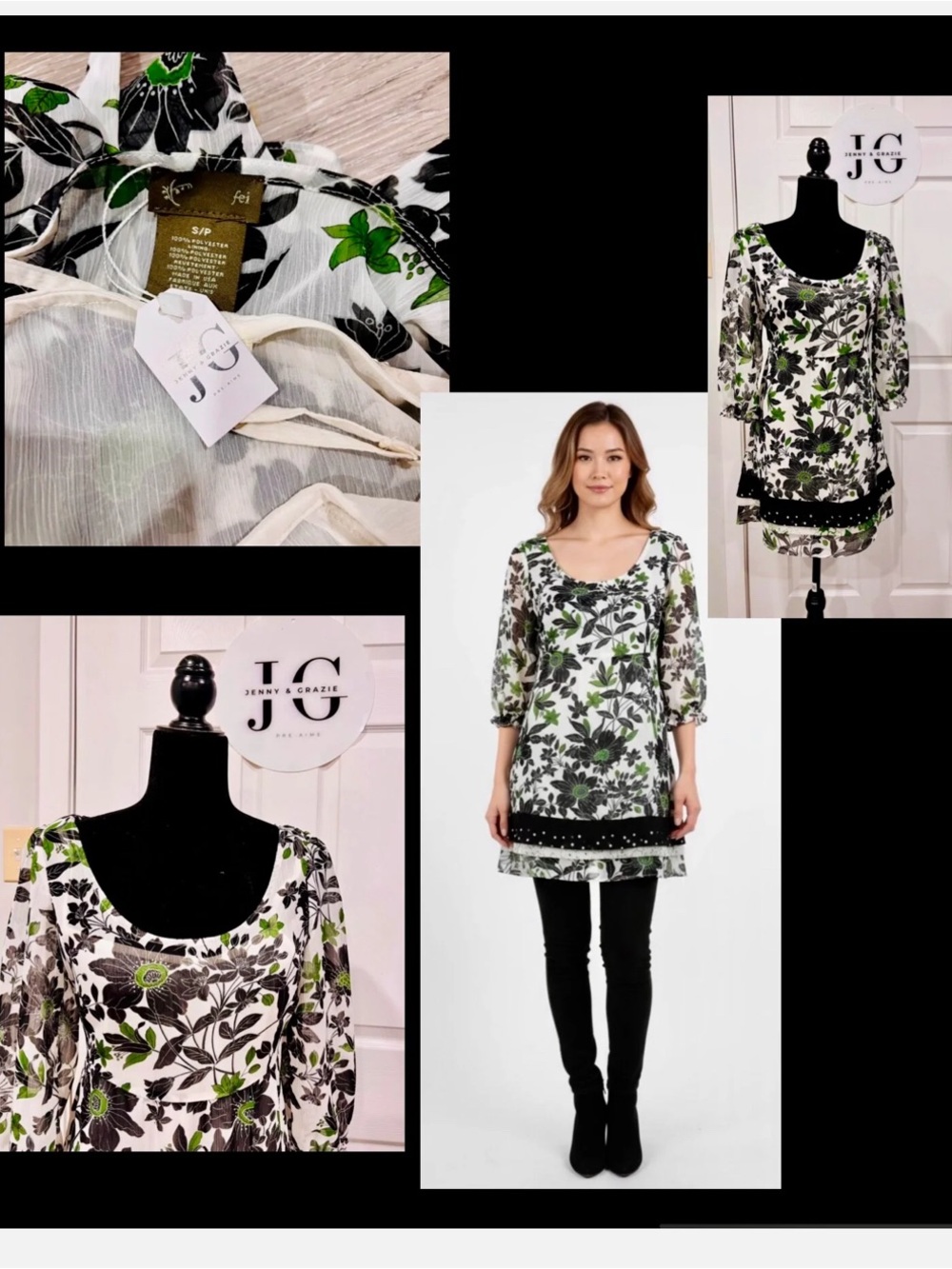 Anthropologie Green, Black and White Floral Scoop-Neck Tunic
